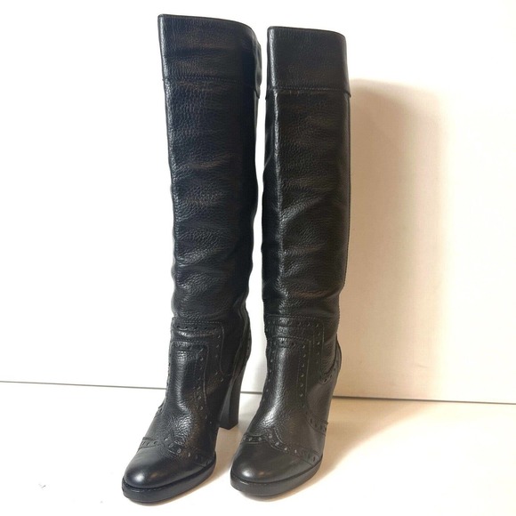 Michael Kors Black Pebbled Leather Wingtip Knee High Boots Shoes Women's Size 6M - Picture 3 of 12